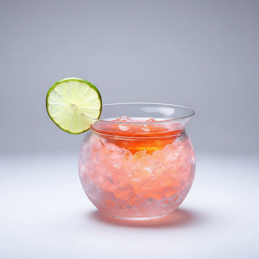 Cocktail with a lime wedge on a wooden surface with a dark background