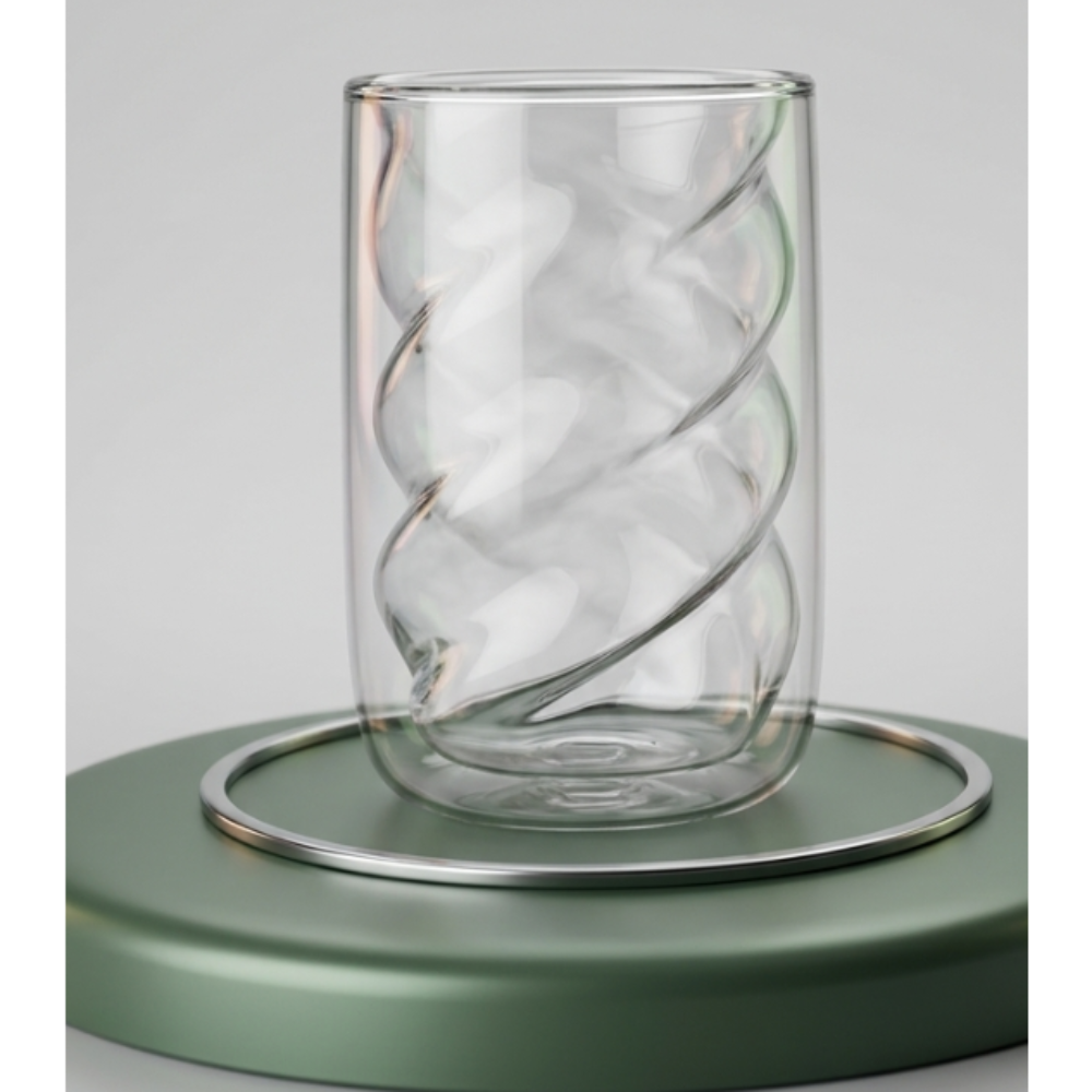 Glass candle holder with wavy design on a green stand against a light gray background