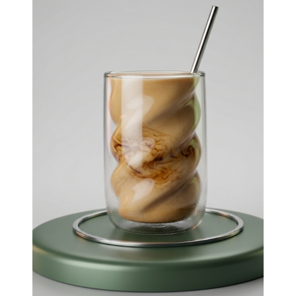 Glass of iced coffee with a metal straw on a green coaster against a gray background