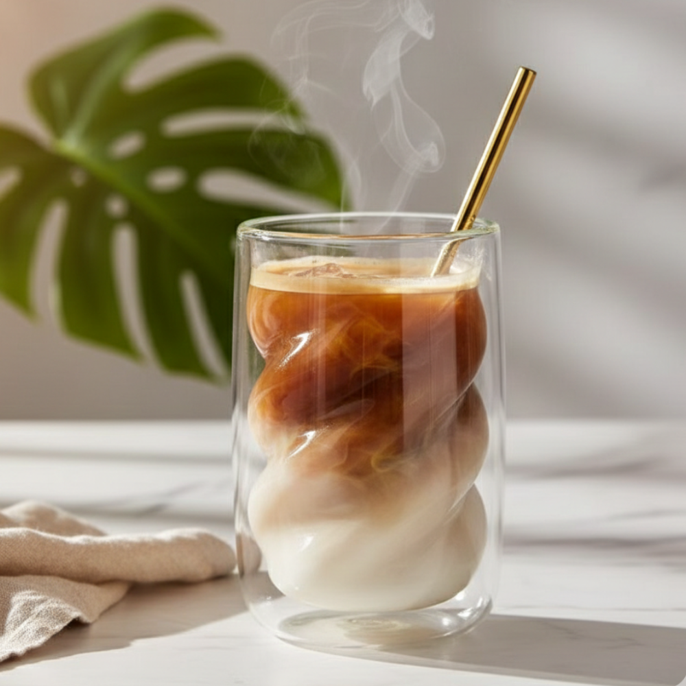 Glass of iced coffee with a straw, steam rising, on a light surface with a blurred green leaf in the background.