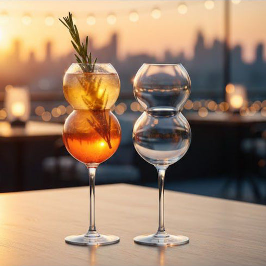 Two glasses with layered drinks on a table with a cityscape background