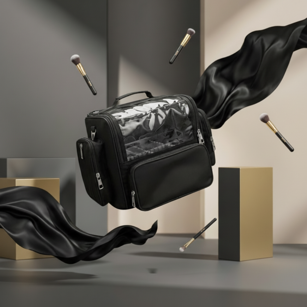 Black makeup bag with brushes and black fabric in a studio setting