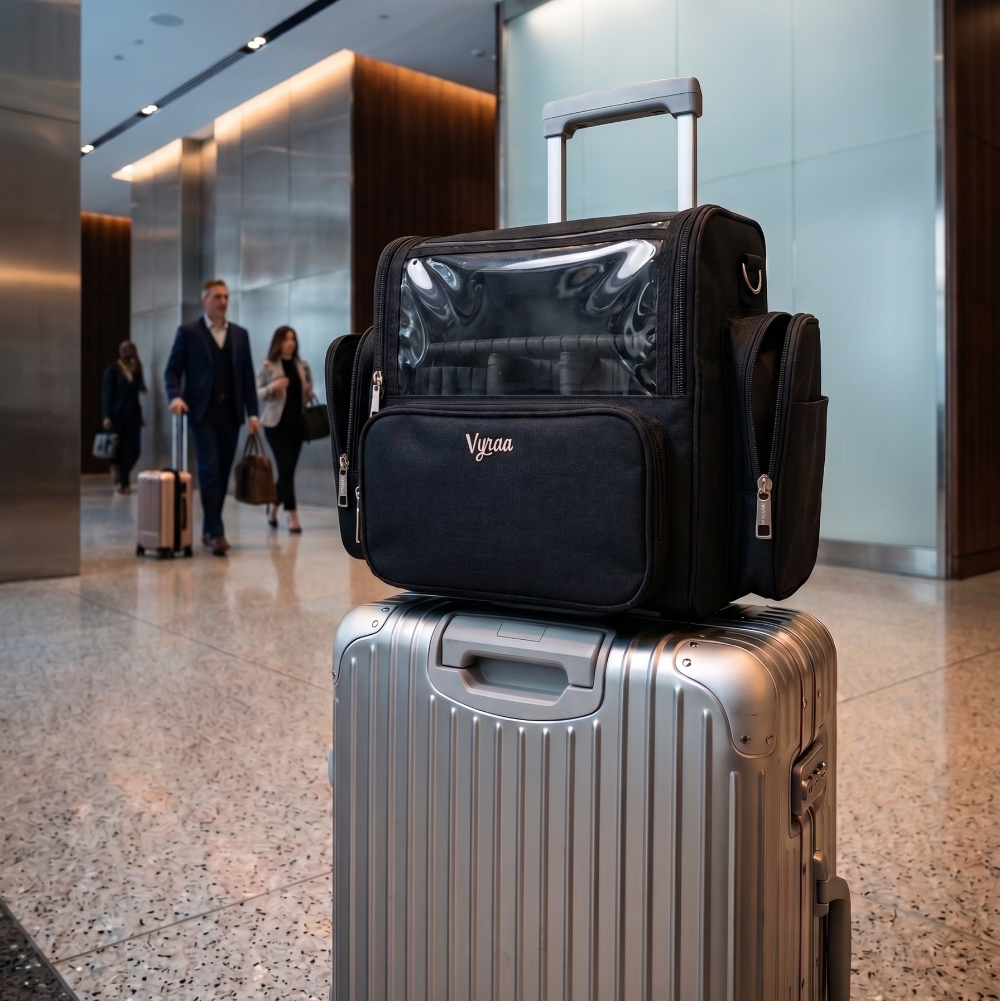 Black make up vanity case attached to a silver suitcase in an airport