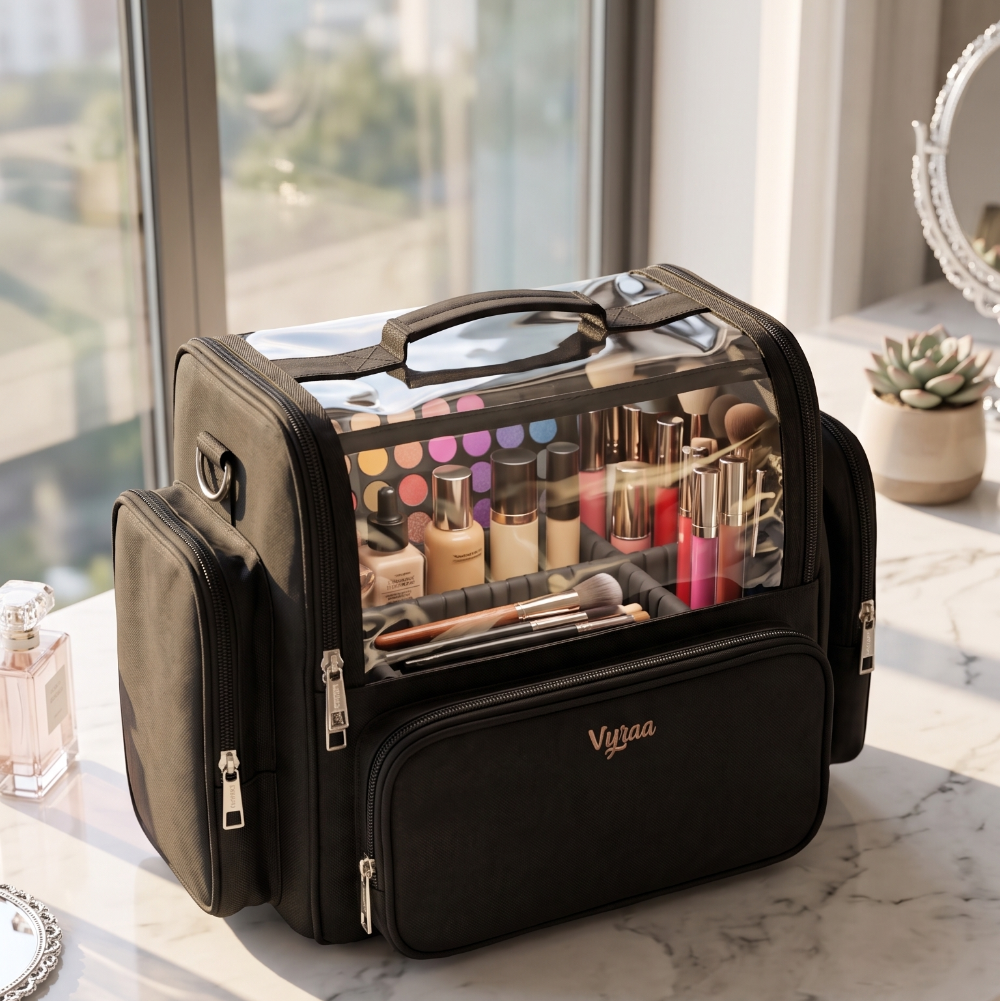 Black cosmetic bag with makeup items on a marble surface near a window