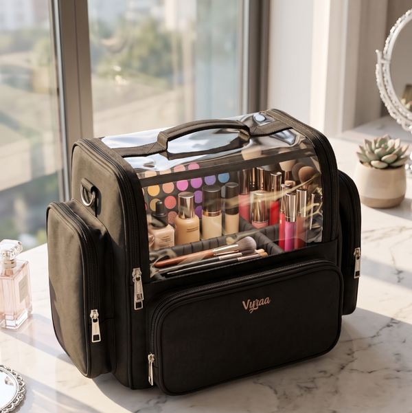Black cosmetic bag with makeup items on a marble surface near a window