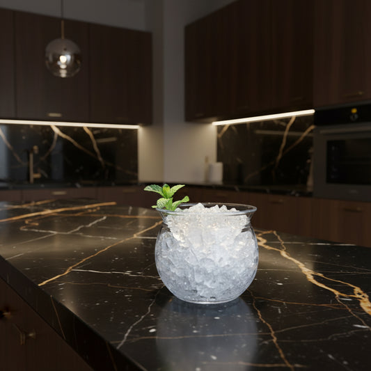 Glass filled with ice and a sprig of mint on a dark background