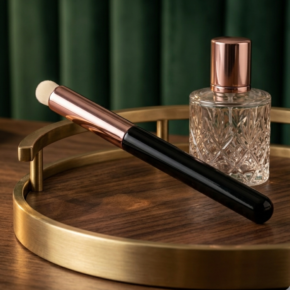 Makeup brush and perfume bottle on a wooden tray with a green curtain background