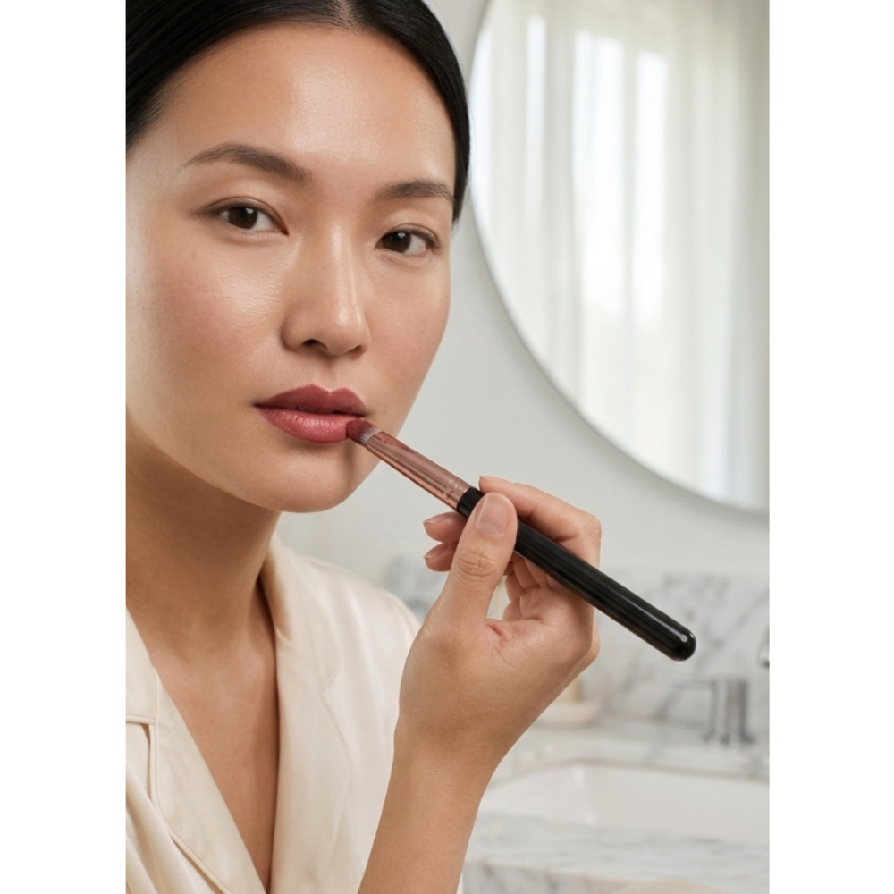 Woman applying lipstick with a dome shape lip brush in a softly lit room.