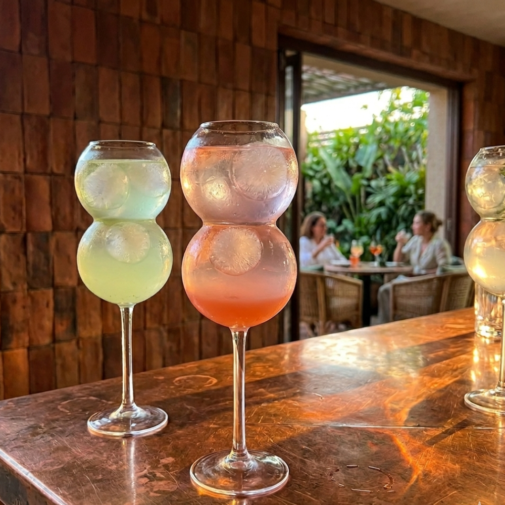 Three bubble-shaped cocktail glasses with colorful drinks on a wooden table, with people and greenery in the background.