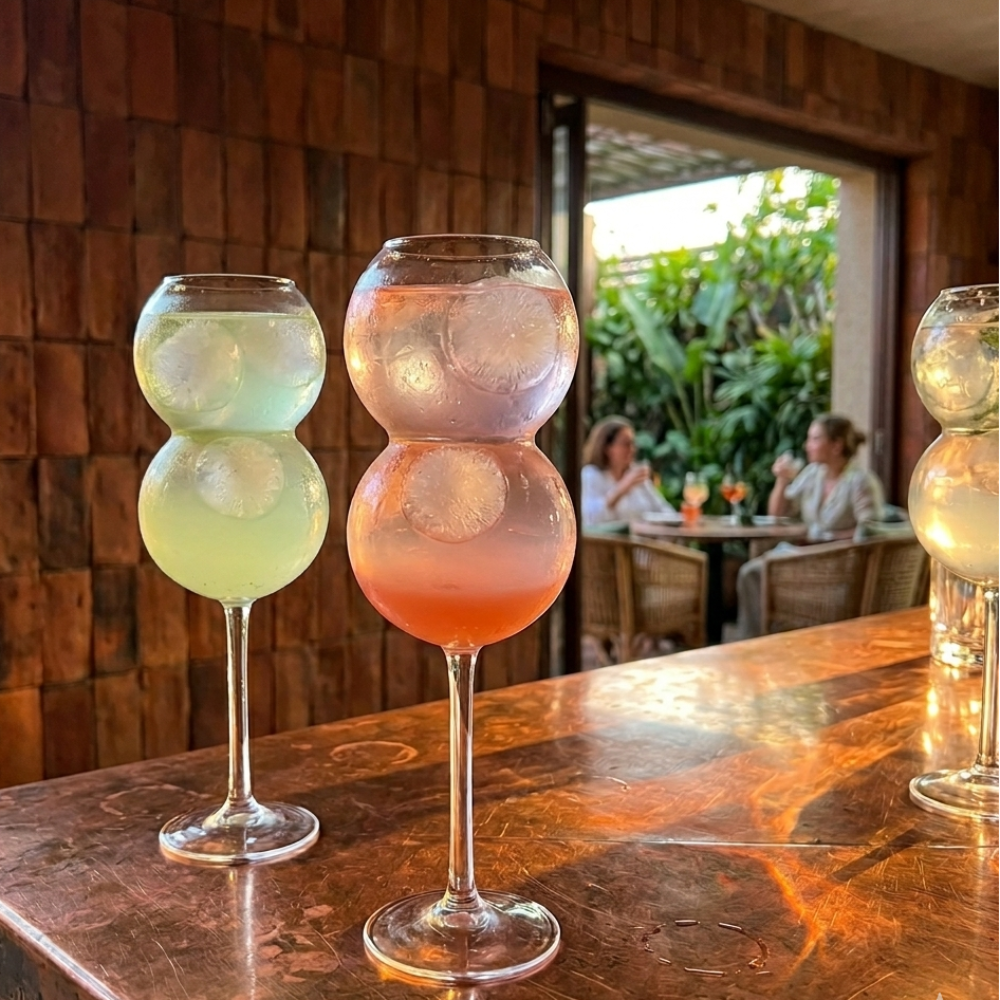 Three bubble-shaped cocktail glasses with colorful drinks on a wooden table, with people and greenery in the background.