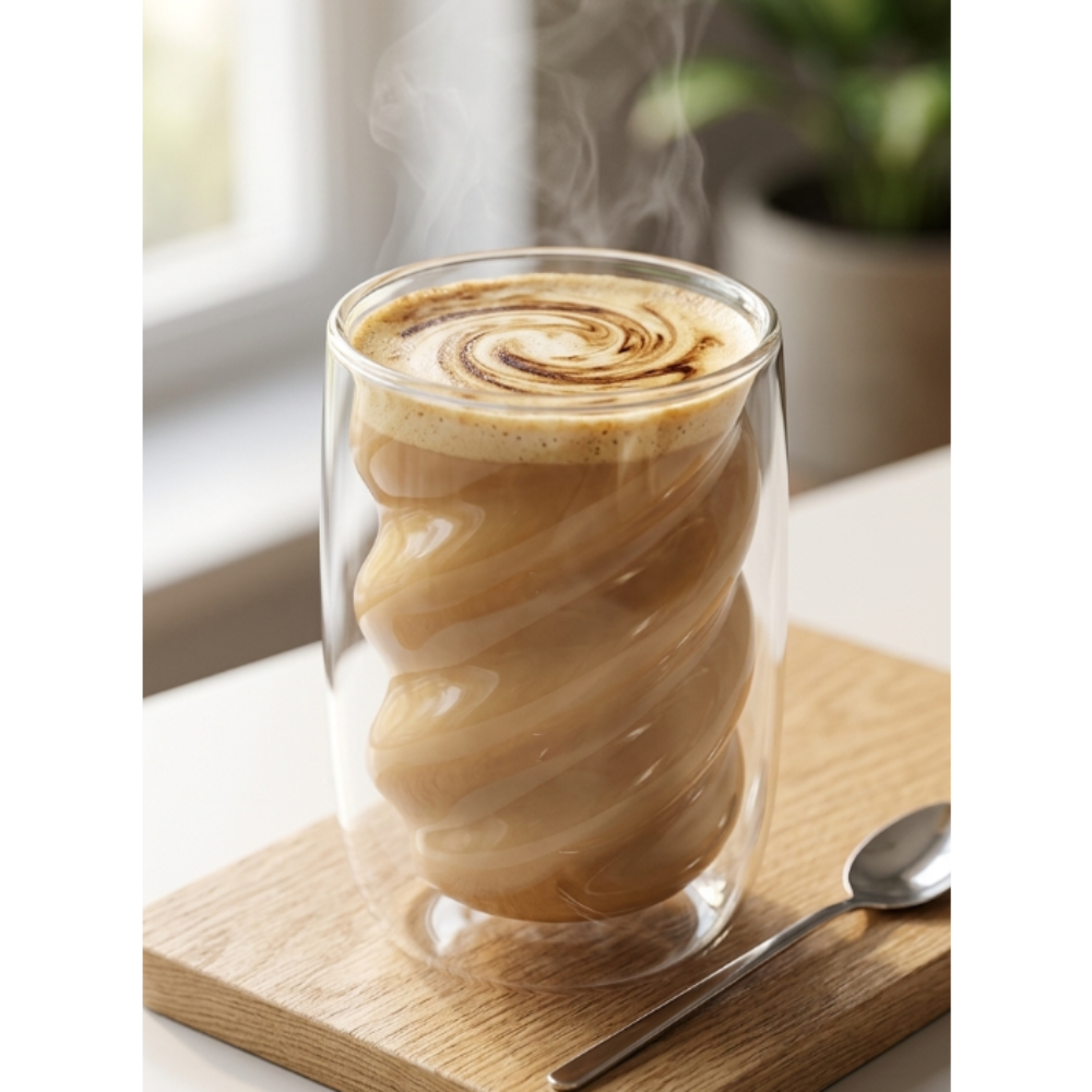 Glass mug with a spiral of coffee on a wooden coaster with a spoon, plant, and window in the background.