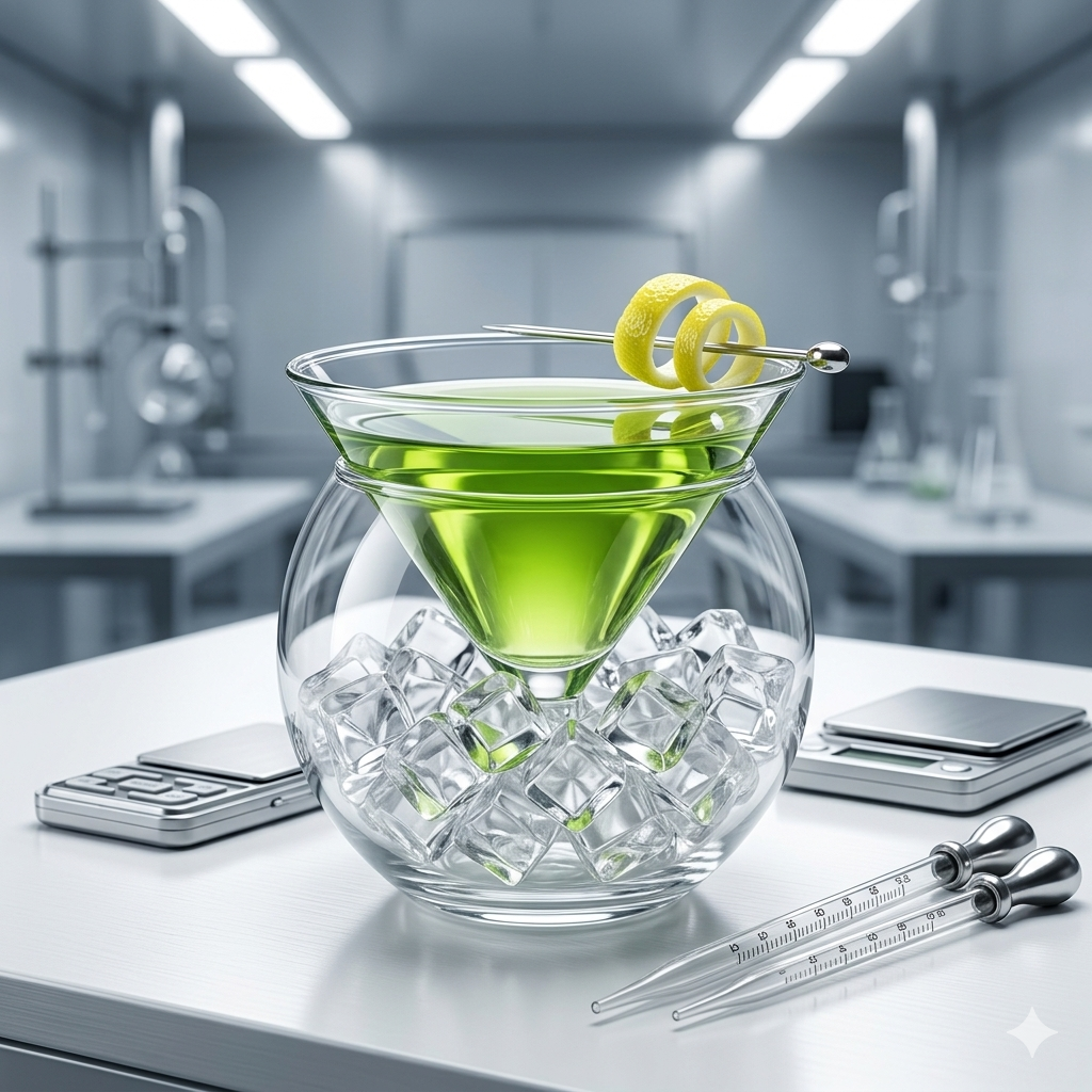 Green cocktail in a martini glass with ice and a lemon twist on a kitchen counter.