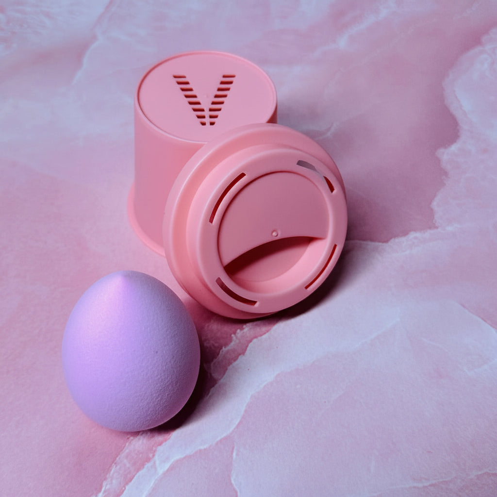 Vyraa brewblend non-latex teardrop blending sponge blush pink with Coffee Tumblr holder