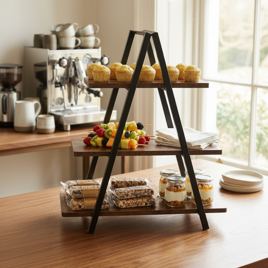 Three-tiered wooden stand with muffins, fruits, and jars on a kitchen counter.