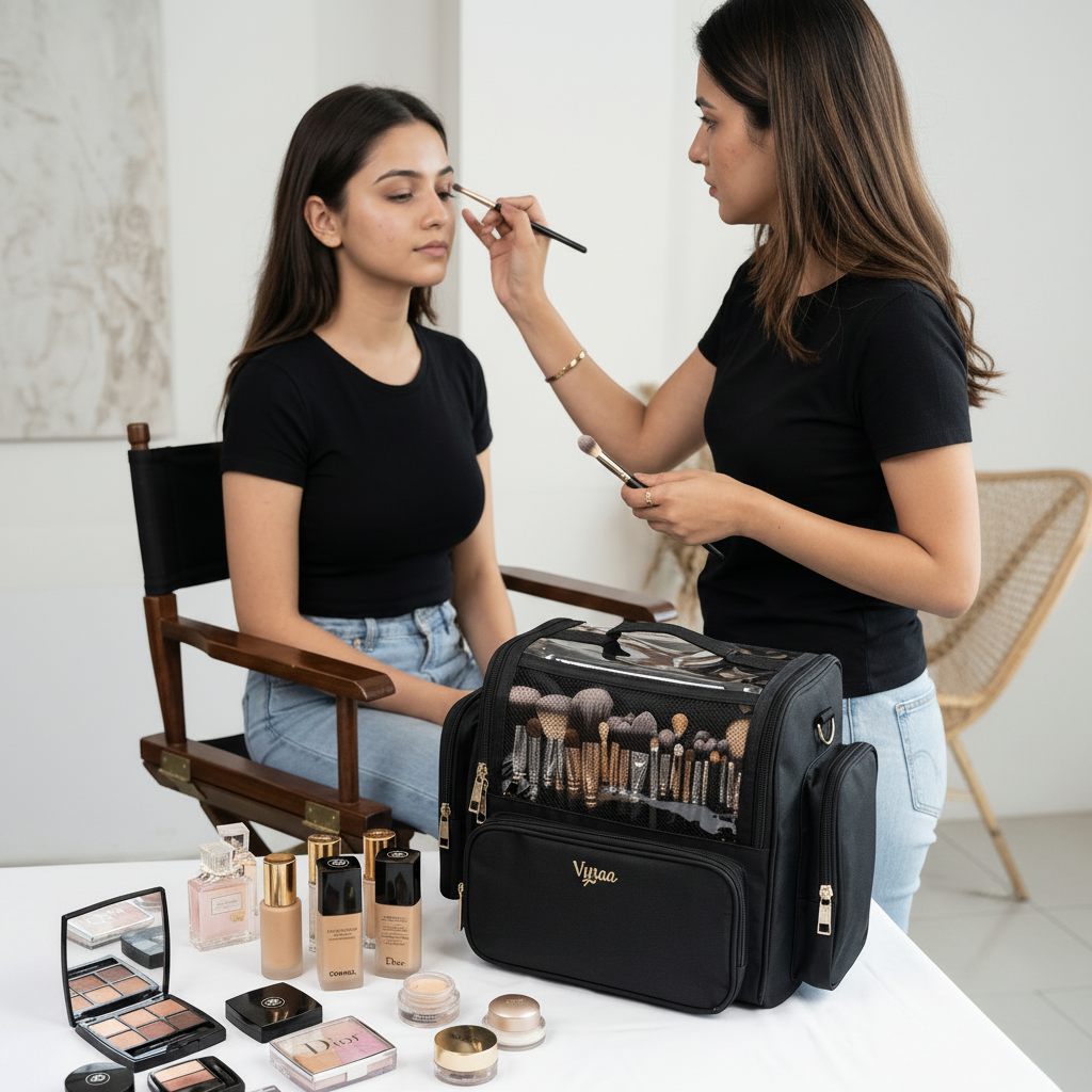 Makeup artist applying makeup to a model with a Vyraa bag and products on a table.